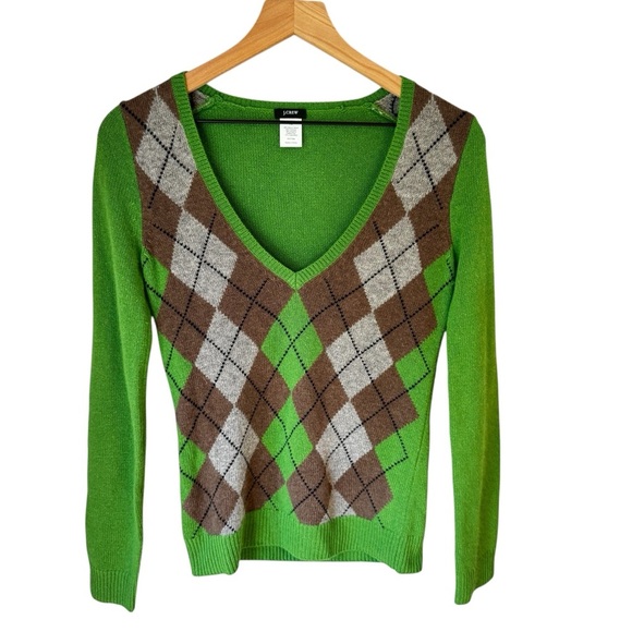 J. CREW Y2K Preppy Argyle Green V-Neck Women’s Sweater Angora Cashmere Sz XS - Picture 1 of 5